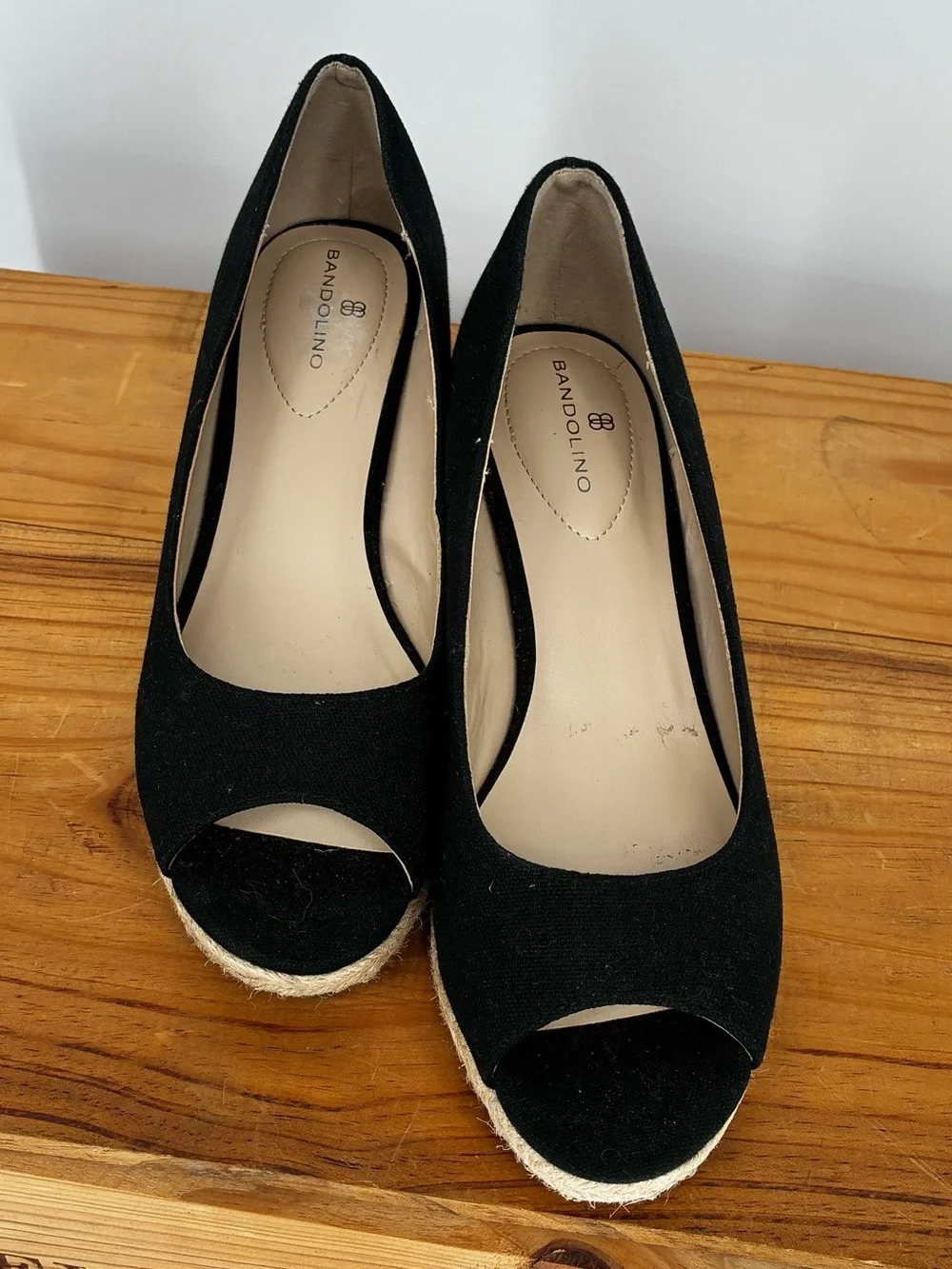 Bandolino Black Canvas Peep Toe Espadrille Wedges Size 7